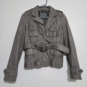 Mexx Genuine Leather Jacket Belted Utility Style Button Down Size EU 38